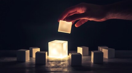 A hand is holding a cube in the dark