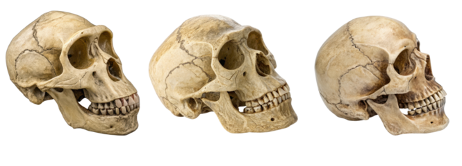 Ancient Human Skull Orthographic View Showing Side, Front, and Back Perspectives
