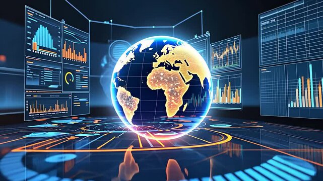 Futuristic Digital Globe with Data Analytics, Financial Charts, and Global Business Information in a High-Tech Interface


