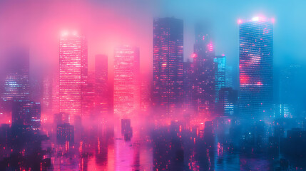 Fototapeta premium Cityscape in Neon Haze: A mesmerizing cityscape enveloped in a dreamlike haze, illuminated by vibrant neon lights, creating an atmosphere of urban mystique and futuristic allure.