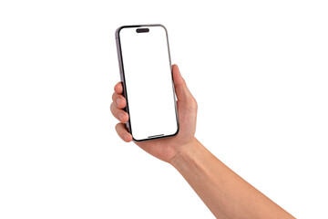Hand showing smartphone with blank screen isolated. Business and Technology concept.