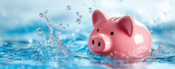 pink piggy bank is partially submerged in water, surrounded by splashing droplets, creating dynamic and playful scene