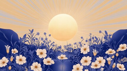 Minimalist sun rising over stylized wildflower valley