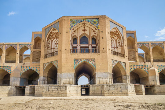View of the main part of the Khaju Bridge in Isfahan, Iran. It is one of the most beautiful bridges in the city, built in 1650