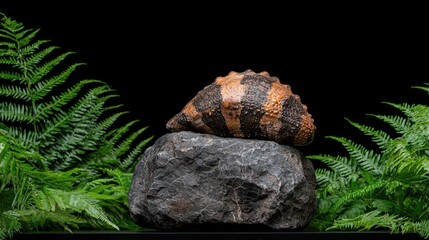 Obraz premium Ornamental seashell on rocks, surrounded by ferns, still life