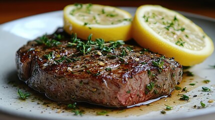 Juicy grilled steak garnished with fresh herbs and lemon slices on a rustic plate, inviting ambiance