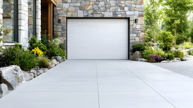 Modern white garage door on a stone facade house with a clean concrete driveway and landscaped garden during the day.