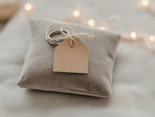 Silver Wedding Rings on Velvet Pillow with Tag  
