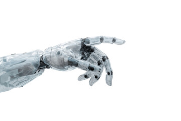  White plastic cyborg robotic hand pointing his finger - 3D rendering isolated on free PNG background.