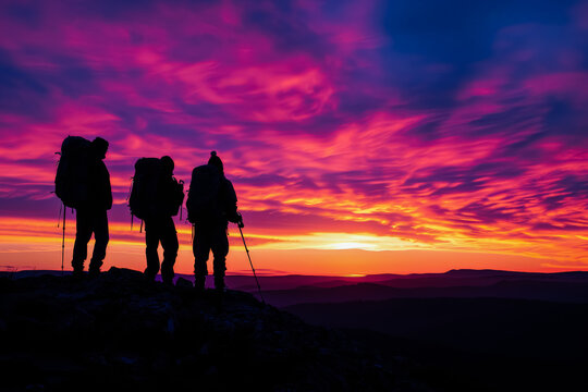 Three people are standing on a mountain top, looking out at the sunset