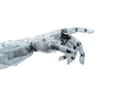  White plastic cyborg robotic hand pointing his finger - 3D rendering isolated on free PNG background.