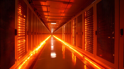 Data Fortress: A corridor bathed in an otherworldly, fiery glow, flanked by rows of server racks, embodies the heart of modern digital infrastructure, data processing and the interconnected world.