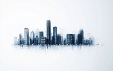Naklejka premium A minimalist city skyline illustration featuring tall buildings in shades of blue against a light background.
