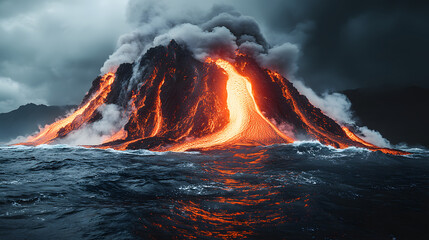 Wrath of the Volcano: A dynamic shot capturing a volcano erupting with molten lava cascading into the turbulent sea under a stormy sky, evoking the raw power of nature