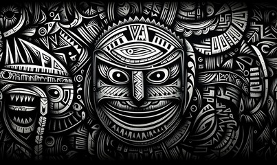 Tribal mask art, geometric patterns, black and white, used for decoration or cultural display