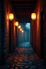 Fototapeta premium a narrow corridor illuminated by three hanging lanterns, soft light, illumination, dark