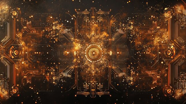 Intricate Computer Circuit Board with Multicolored Lights Illuminating a Central Clock Creating a Dynamic and Technologically Advanced Atmosphere in a Modern Digital Environment