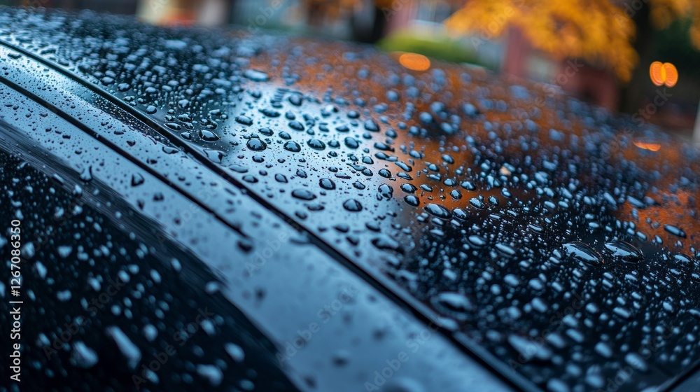 Poster glistening droplets of rain and dew cling to a sleek car window, capturing the soft light of an earl