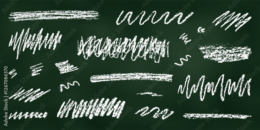 Wall mural realistic chalk drawn sketch. set of design elements linear scribbles isolated on chalkboard backdro