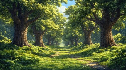 Fototapeta premium Lush green forest pathway lined with majestic trees, sunlight filtering through foliage, serene nature scene