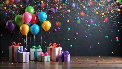 Festive Celebration Colorful Balloons, Presents, and Confetti against a Dark Background