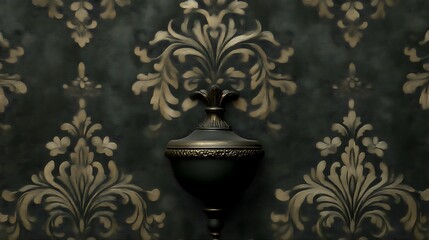 Ornate Dark Vase Against Floral Damask Wallpaper