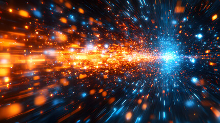 Fototapeta premium Cosmic Convergence: A breathtaking display of light and energy, with a vibrant array of orange and blue particles converging at a central point, creating a dynamic and futuristic spectacle.