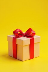 Obraz premium Delicate gift box wrapped in red ribbon against yellow backdrop, gift, decorative