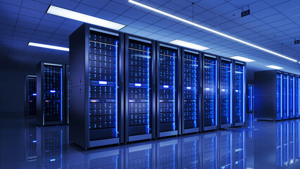 Server racks in modern server room data center - 3d illustration.
