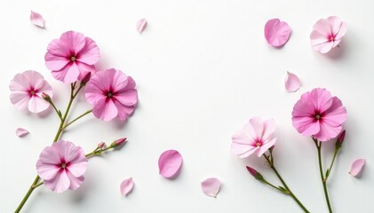 Delicate Phlox flowers scattered on a white background, delicate, flowers