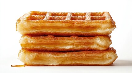 Close-up image of a stack of crispy waffles, syrup glistening as it drips down the sides, isolated on a white background, highlighting their mouth-watering appeal