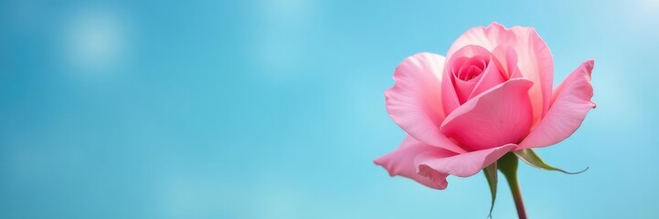 Delicate pink rose petals unfolding against a serene blue sky background, peaceful, blue sky, soft focus