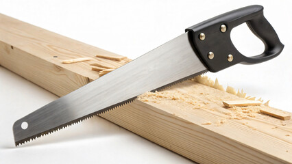 Hand Saw on Wood with Shavings, Carpentry Tools for DIY Project and Home Improvement