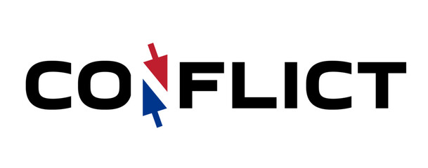 Conflict- political, economic, social. The title for the post on the social network. Original inscription with multidirectional arrows symbolizing different opinions.