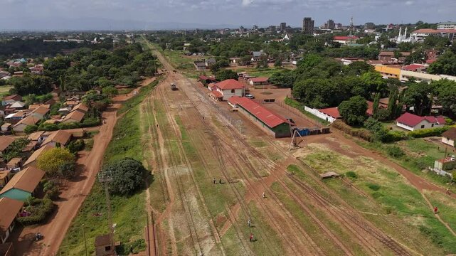Aerial view of railway station and surrounding area in Moshi, Tanzania