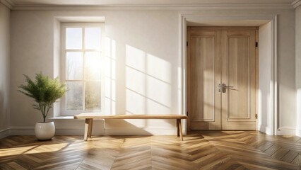 Sunlit Entryway with Wooden Bench and Double Doors