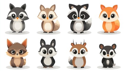 Cute woodland animals cartoon set, illustration for kids, book, or design, isolated on white