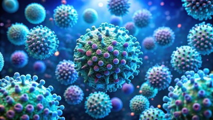 Fototapeta premium Microscopic View of a Cluster of Viral Particles, Showing Detailed Surface Structures and Intricate Cellular Components