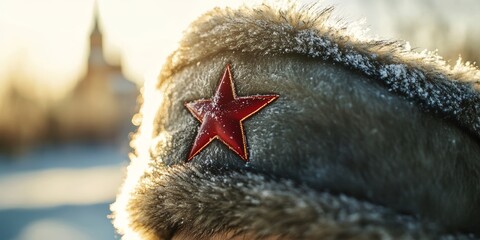Obraz premium Russian ushanka hat with red star in winter sunlight