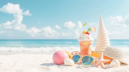 white background with beach and summer elements in the frame such as ice cream, glasses, starfish, shells, beach hats, flamingo, ball, ship fruits, etc. banner, background, design, copy space for text