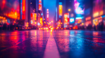 Naklejka premium Urban Neon Dream: A vibrant city street is awash in a mesmerizing glow of neon lights, reflecting off a wet pavement. A blur of colors, lights and movement.