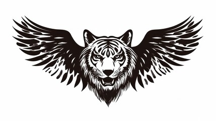 Fototapeta premium Tiger with wings flapping, monochrome graphic for tattoo art, or t-shirt design