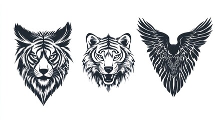 Three heads of animal in black lines for tattoo, and animal-themed posters for animal lovers