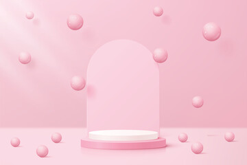 3d pink and white podium, stage with a rounded backdrop and floating spheres. With pink background. Luxury and soft touch style mockup scene for showcasing beauty products display.