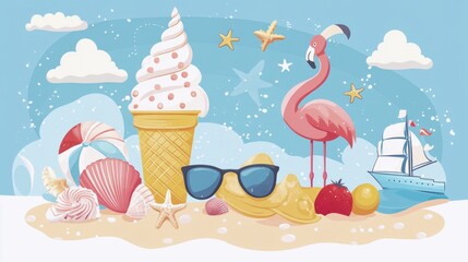 white background with beach and summer elements in the frame such as ice cream, glasses, starfish, shells, beach hats, flamingo, ball, ship fruits, etc. banner, background, design, copy space for text
