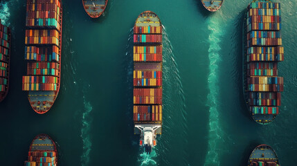 Aerial view of busy shipping lane with multiple container ships navigating through turquoise waters, showcasing global trade