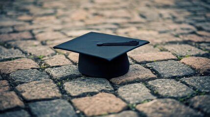 Elegant image of a mortarboard cap placed on a stone pathway, symbolizing academic achievement, with ample room for congratulatory messages