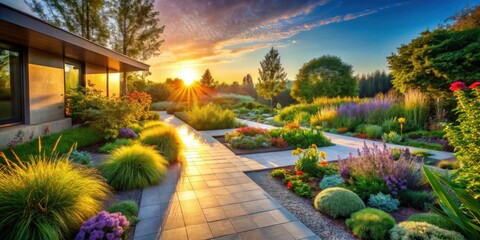 Fototapeta premium Serene Sunset Landscape Modern Home Adorned with Vibrant Blooming Flowerbeds and Lush Greenery, Illuminated by Golden Hour Sunlight on a Tranquil Pathway