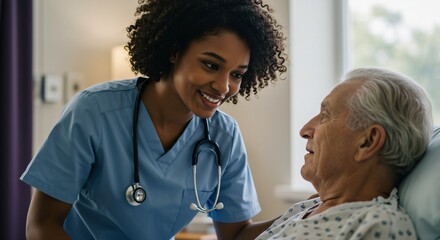 Caring Nurse with Elderly Patient in Hospital Room
