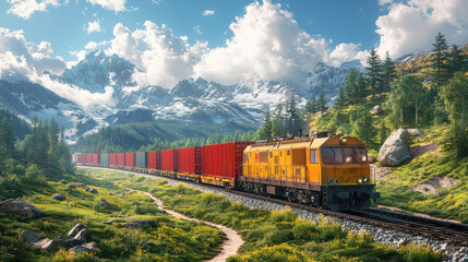 freight train loaded with shipping containers moves through scenic mountain landscape, surrounded by lush greenery and clear blue sky